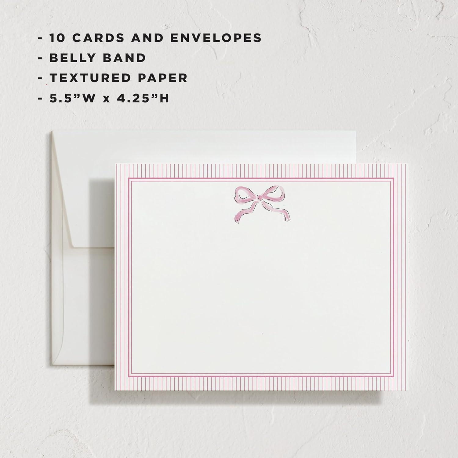 imageMinted Pink Bow Stationery Set Set of 10 Flat Note Cards amp Envelopes for Invitiations and Handwritten Thank You Messages Pink Ribbon with Striped Back Gifts for Women Luxurious Paper