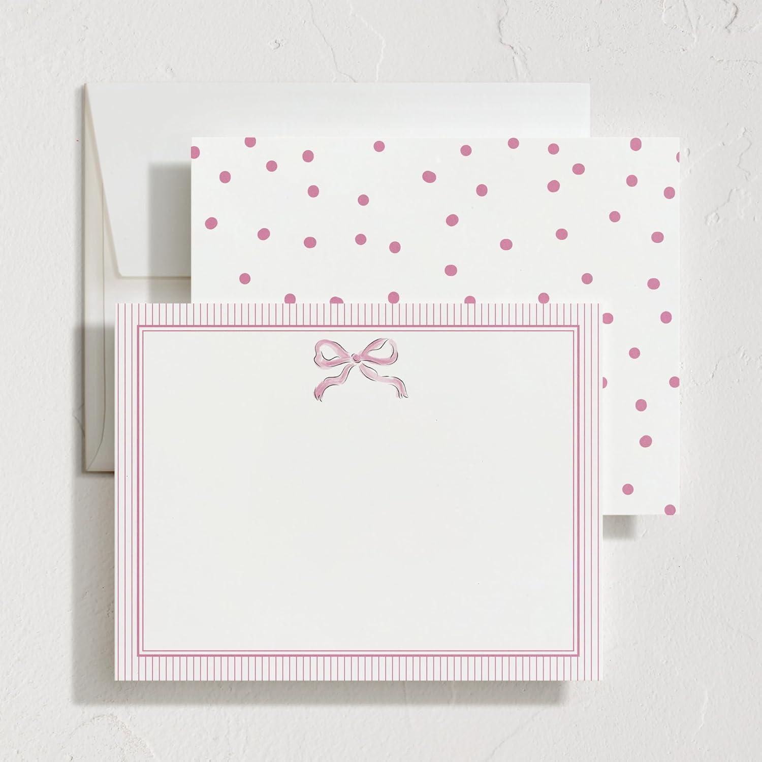 imageMinted Pink Bow Stationery Set Set of 10 Flat Note Cards amp Envelopes for Invitiations and Handwritten Thank You Messages Pink Ribbon with Striped Back Gifts for Women Luxurious Paper