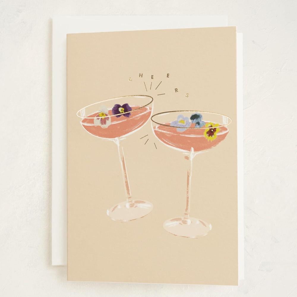 imageMinted Flower Cheers Wedding Card with Gold Foil Champagne Coupes Floral Garnish Illustration Elegant Toast Celebration Greeting for Newlyweds Engagement Bridal Shower Anniversary CongratulationsFlower Cheers