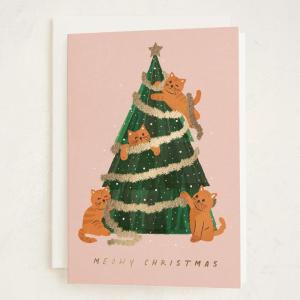 Minted Botanical Bow Holiday Cards, 8 Cards with Envelopes, Folded 5×7 Christmas Card with Red and White Illustrated Ribbon Design, Gold Foil-Pressed, Luxurious Paper, Interior Message Included(Meows)