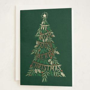 Minted Botanical Bow Holiday Cards, 8 Cards with Envelopes, Folded 5×7 Christmas Card with Red and White Illustrated Ribbon Design, Gold Foil-Pressed, Luxurious Paper, Interior Message Included(Merry Tree Garland)