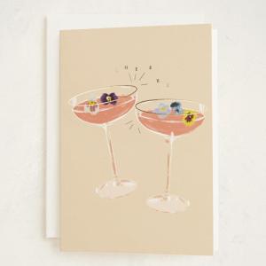 Minted Flower Cheers Wedding Card with Gold Foil Champagne Coupes Floral Garnish Illustration Elegant Toast Celebration Greeting for Newlyweds Engagement Bridal Shower Anniversary Congratulations(Flower Cheers)