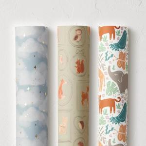 Minted Gift Wrap Elegant Pack with Ribbon Bow Drawing, Foil Arches & Empire Toile Designs, Set of 3 Rolls, Water Resistant Wrapping Paper, Gift Wrap for Weddings, Birthdays & Special Occasions(Baby Pack)