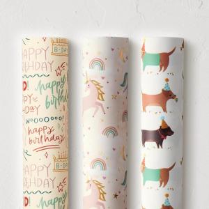 Minted Gift Wrap Elegant Pack with Ribbon Bow Drawing, Foil Arches & Empire Toile Designs, Set of 3 Rolls, Water Resistant Wrapping Paper, Gift Wrap for Weddings, Birthdays & Special Occasions(Kids Pack)