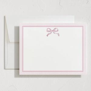 Minted Pink Bow Stationery Set, Set of 10, Flat Note Cards & Envelopes for Invitiations and Handwritten Thank You Messages, Pink Ribbon with Striped Back, Gifts for Women, Luxurious Paper