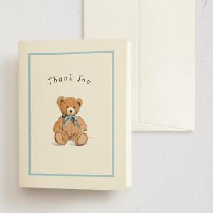 Minted Thank You Cards Pack, Set of 10, Folded Thank You Cards with Envelopes, Blank Card, Luxe Script Design in Cream & Blue, Luxurious Paper, Designed by Independent Artists, Wedding or Everyday Use(Antique Teddy bear)