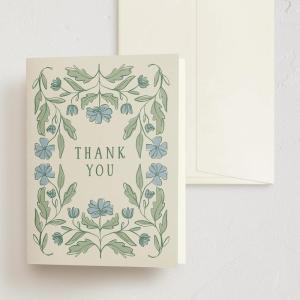 Minted Thank You Cards Pack, Set of 10, Folded Thank You Cards with Envelopes, Blank Card, Luxe Script Design in Cream & Blue, Luxurious Paper, Designed by Independent Artists, Wedding or Everyday Use(Botanical)