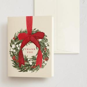 Minted Thank You Cards Pack, Set of 10, Folded Thank You Cards with Envelopes, Blank Card, Luxe Script Design in Cream & Blue, Luxurious Paper, Designed by Independent Artists, Wedding or Everyday Use(1. Holiday Wreath)