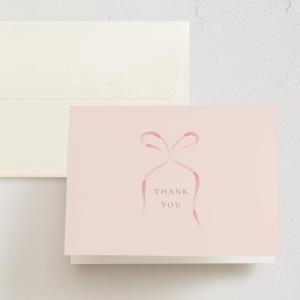 Minted Thank You Cards Pack, Set of 10, Folded Thank You Cards with Envelopes, Blank Card, Luxe Script Design in Cream & Blue, Luxurious Paper, Designed by Independent Artists, Wedding or Everyday Use(Pink Bow)