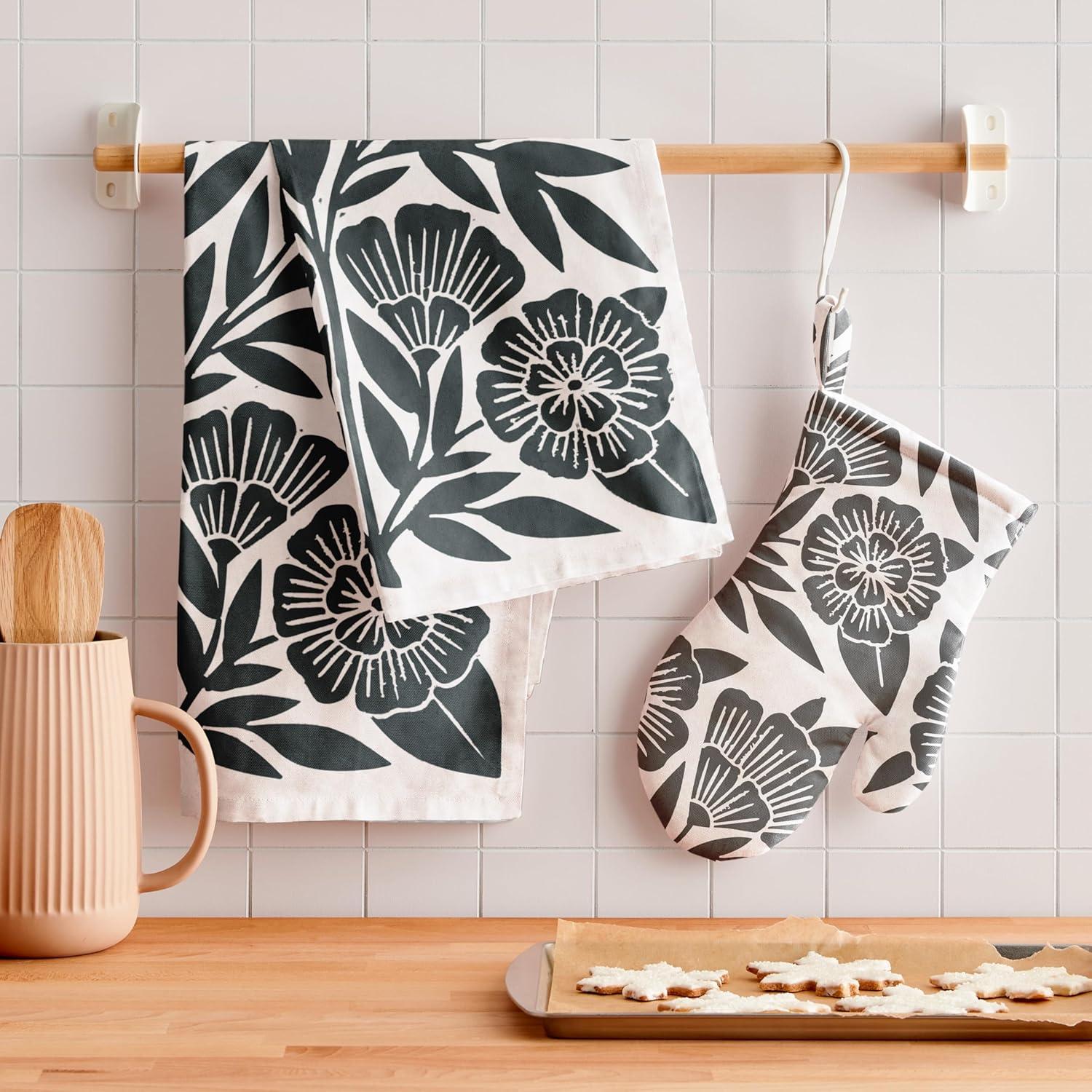 imageMinted Block Print Floral Tea Towel Set of 2 Unique Kitchen Towels with Hanging Loops