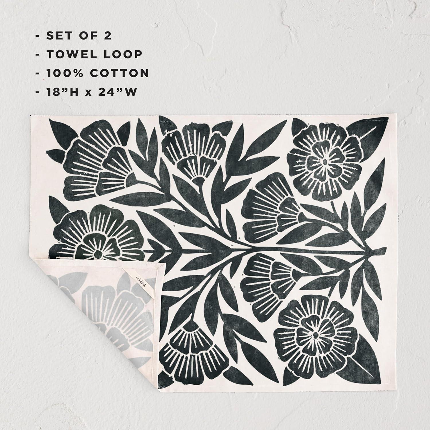 imageMinted Block Print Floral Tea Towel Set of 2 Unique Kitchen Towels with Hanging Loops