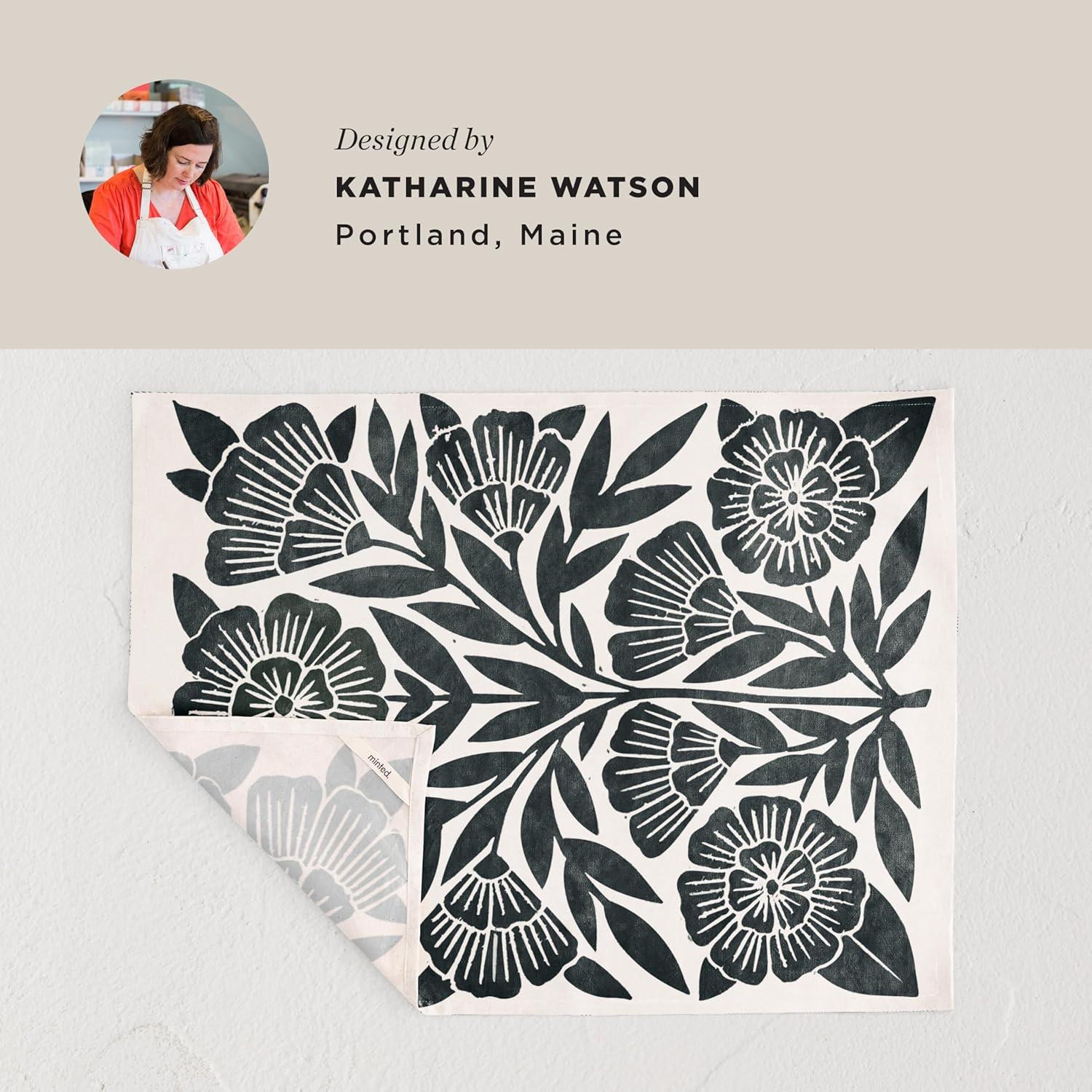 imageMinted Block Print Floral Tea Towel Set of 2 Unique Kitchen Towels with Hanging Loops