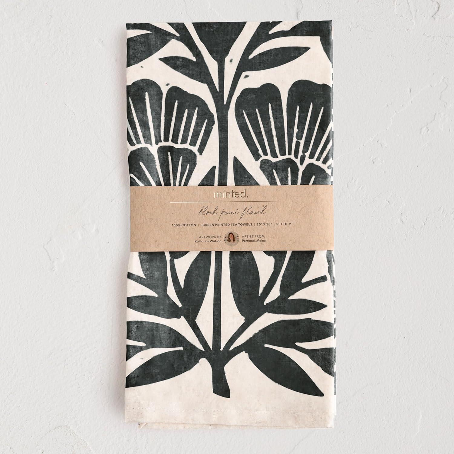 imageMinted Block Print Floral Tea Towel Set of 2 Unique Kitchen Towels with Hanging Loops