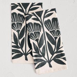 Minted Block Print Floral Tea Towel Set of 2, Unique Kitchen Towels with Hanging Loops