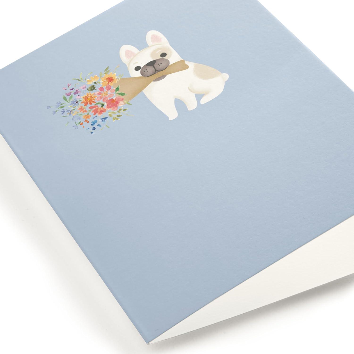 imageMINTED Frenchie Flowers Blank Card for Any Occasion Cute Dog Illustration Note Card Premium 5x7 Blank Greeting with Envelope French Bulldog with Bouquet Design for Thank You Thinking of You MessageFrenchie Flowers