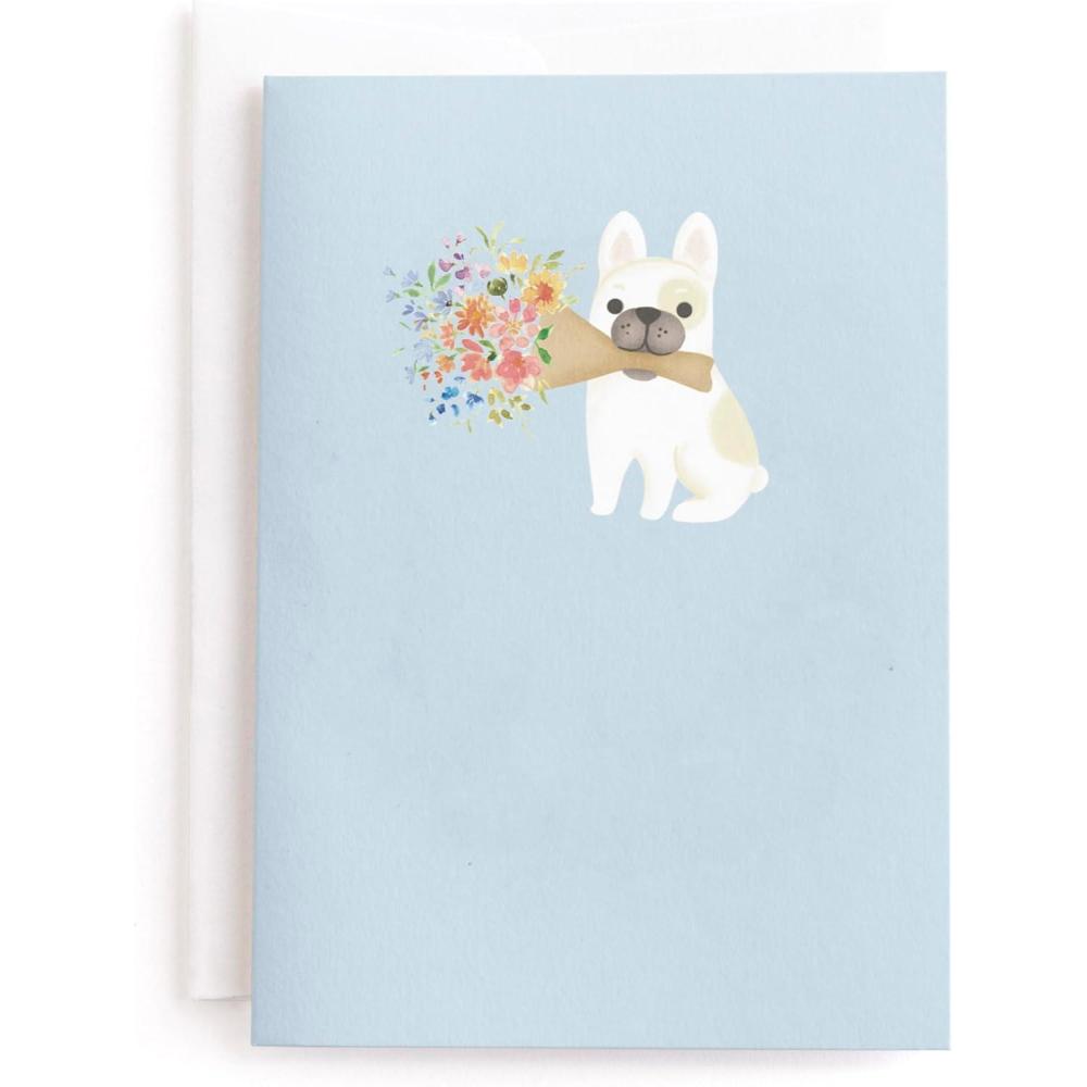 imageMINTED Frenchie Flowers Blank Card for Any Occasion Cute Dog Illustration Note Card Premium 5x7 Blank Greeting with Envelope French Bulldog with Bouquet Design for Thank You Thinking of You MessageFrenchie Flowers